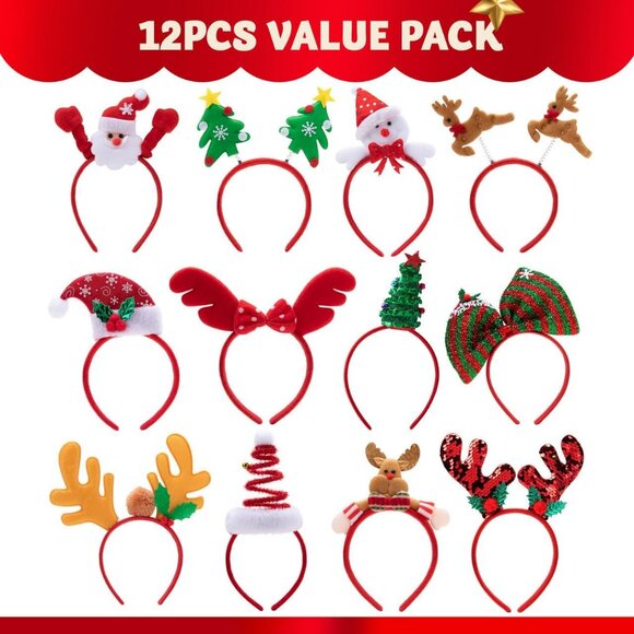 12-Pack Christmas Headbands Assorted Designs for Women, Men & Kids Party Hats - Picture 2 of 9